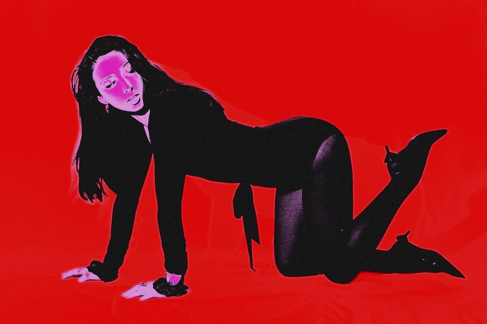 Silhouette of a woman with long hair in black, kneeling on all fours, wearing stockings and high heels, set against a red background.