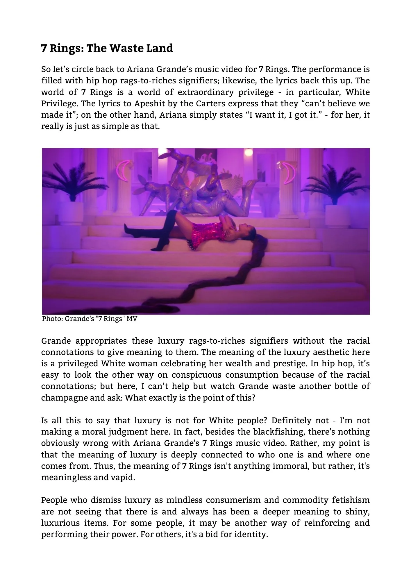 A woman with long dark hair lying on stairs, wearing a shiny red dress and black high heels, with a group of statues of women in similar poses behind her, set in a pink and purple lit environment with neon moon signs and palm trees.