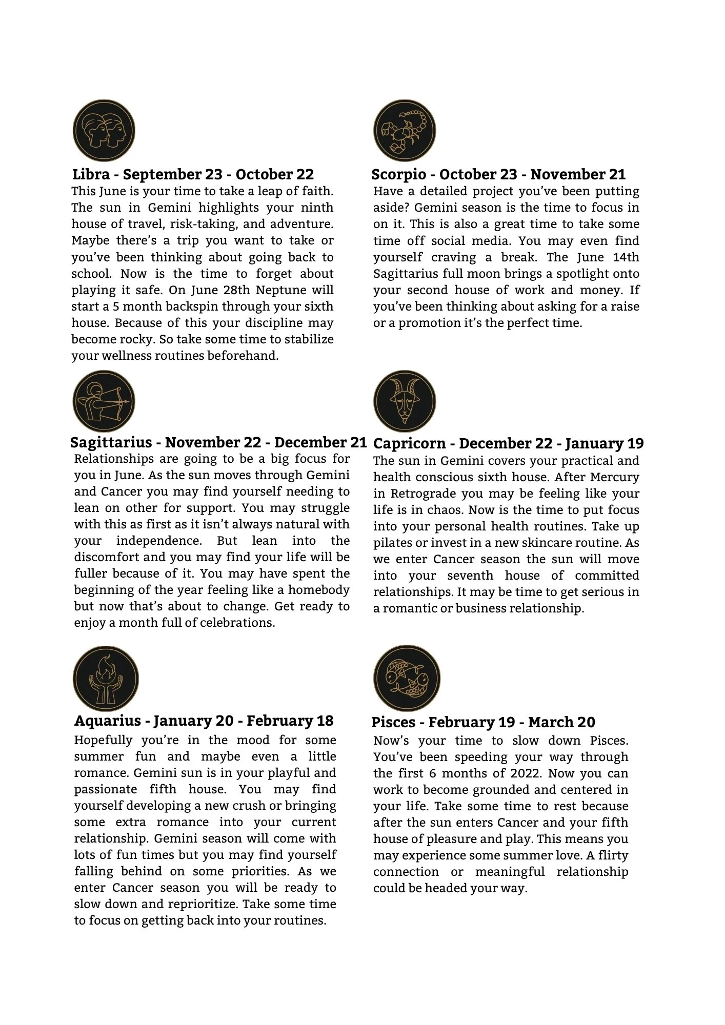 Astrological zodiac sign descriptions for Libra, Scorpio, Sagittarius, Capricorn, Aquarius, and Pisces with corresponding icons at the top of each section.