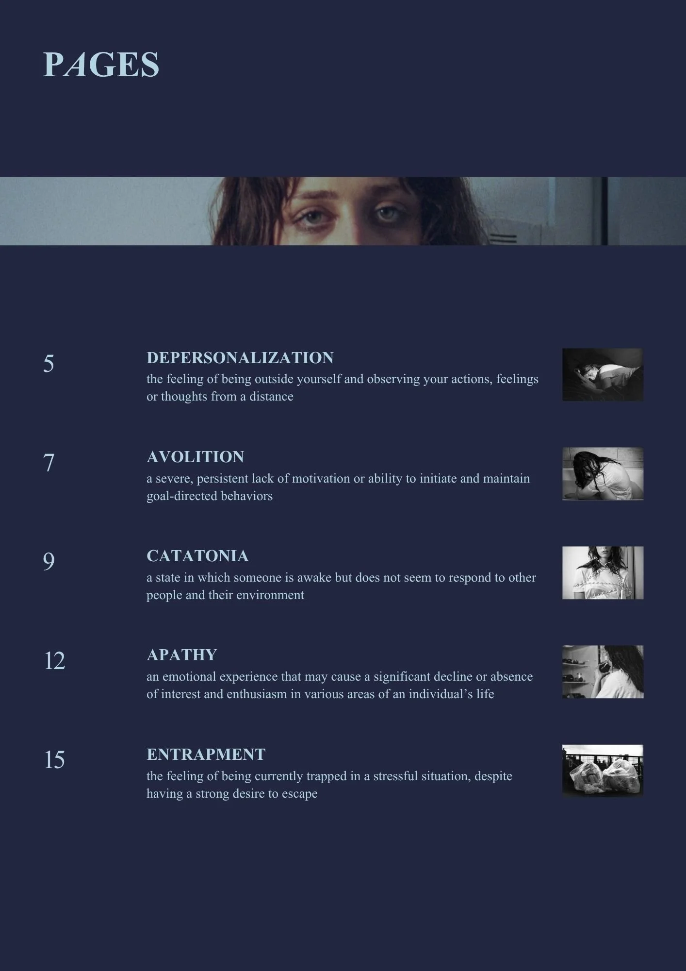 A page from a book or presentation discussing psychological concepts such as depersonalization, avolition, catatonia, apathy, and entrapment, with small accompanying black-and-white images of people exhibiting the described behaviors or states.