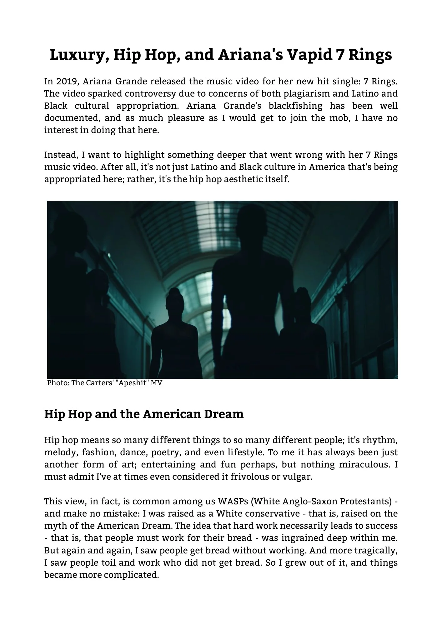 Article discussing hip hop culture, featuring a dark silhouette image of people walking in a tunnel with arched ceilings, with the title 'Luxury, Hip Hop, and Ariana's Vapid 7 Rings' and a subtitle about hip hop's diversity.