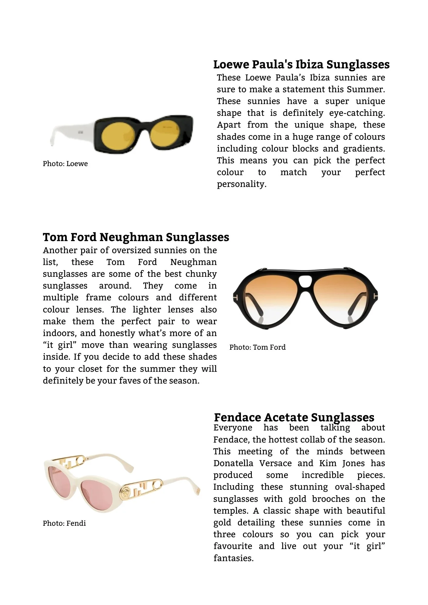Page featuring multiple sunglasses with descriptions next to each. The first pair are Loewe Paula's Ibiza Sunglasses with yellow lenses and black frames. The second pair are Tom Ford Neughman Sunglasses with brown gradient lenses and thick black fram