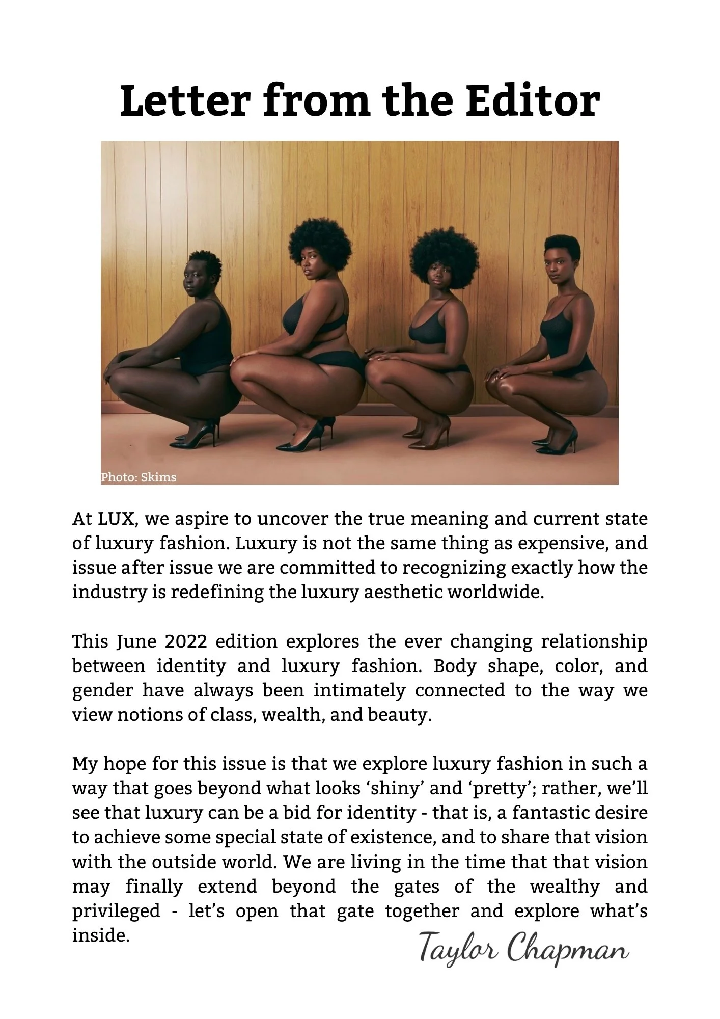 A magazine page featuring a photograph of four black women in black lingerie and high heels, squatting against a wooden wall, with a letter from the editor titled 'Letter from the Editor'.