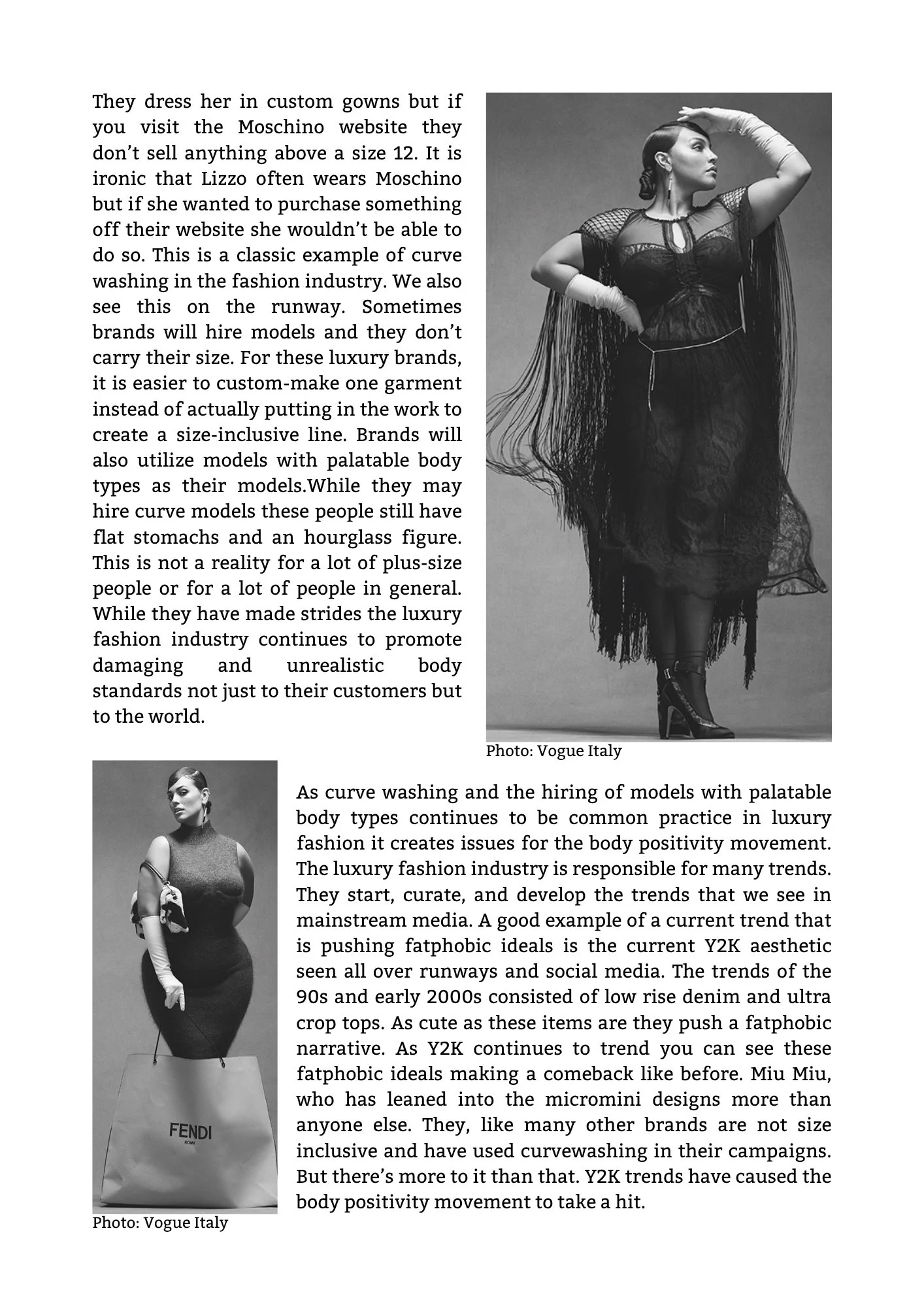 Two black and white images of models. The first model is wearing a dress and posed with her arm raised above her head. The second model is holding a Fendi shopping bag and is wearing a fitted dress, carrying a purse, and standing with her arm bent. T