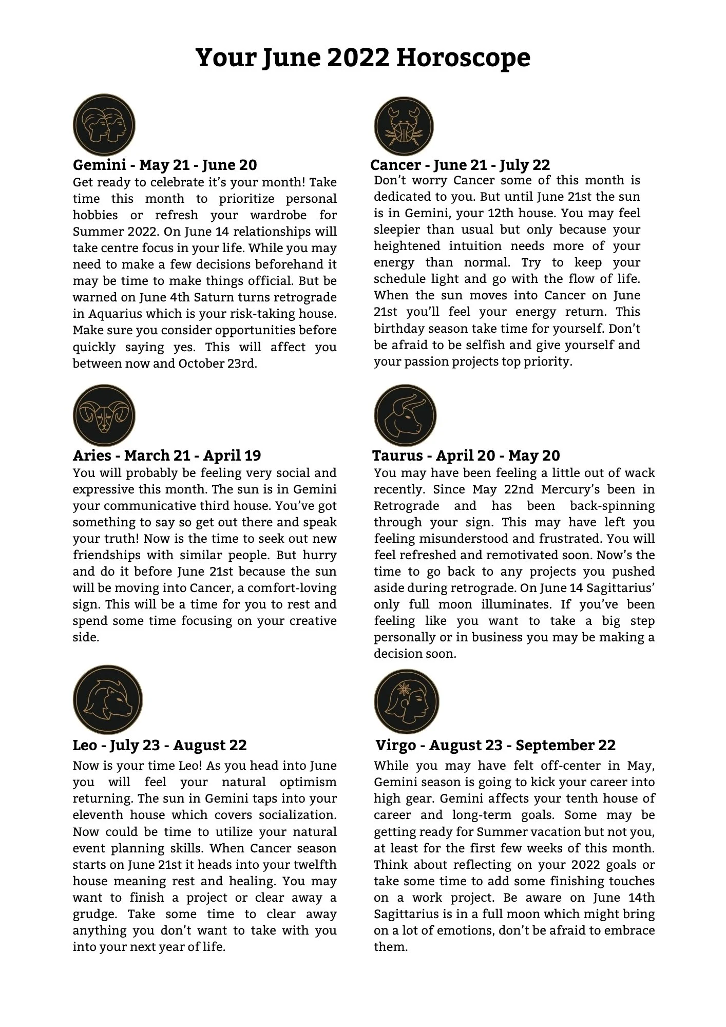A page titled 'Your June 2022 Horoscope' featuring twelve zodiac signs with symbols and their respective date ranges, each accompanied by a paragraph of astrology insights.