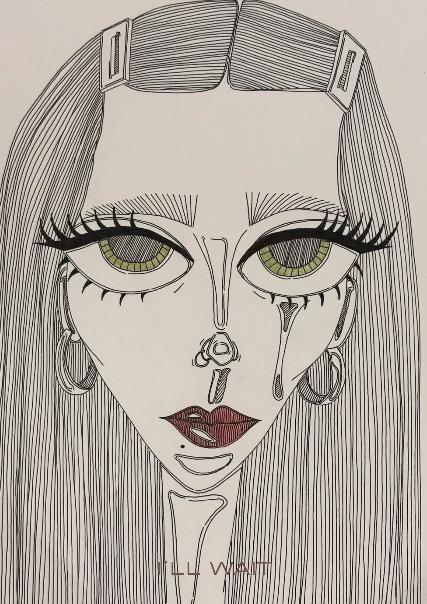 Line art illustration of a woman's face with long hair and large eyes, with the words 'I'll Wait' at the bottom.