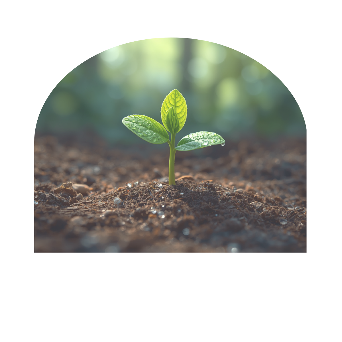 Close-up of a small green seedling with dewdrops on its leaves, growing in dark soil, with blurred background.