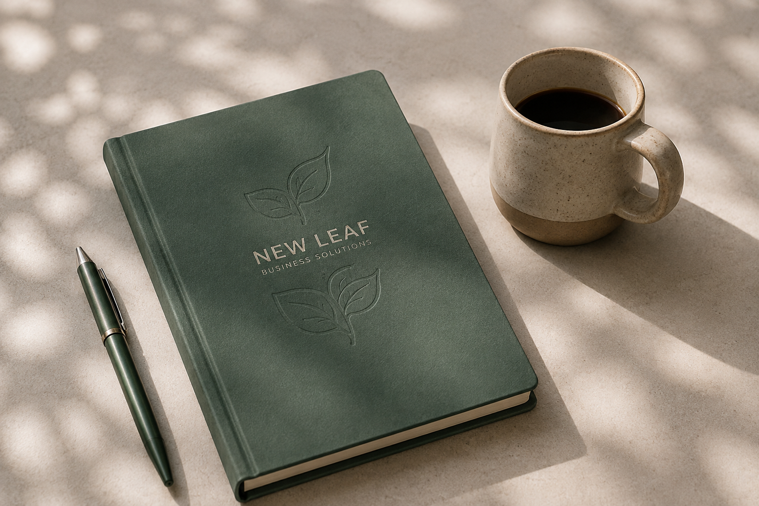 A green planner with the text 'New Leaf Business Solutions' and a leaf logo, a green pen, and a speckled mug filled with black coffee on a light surface with dappled shade.