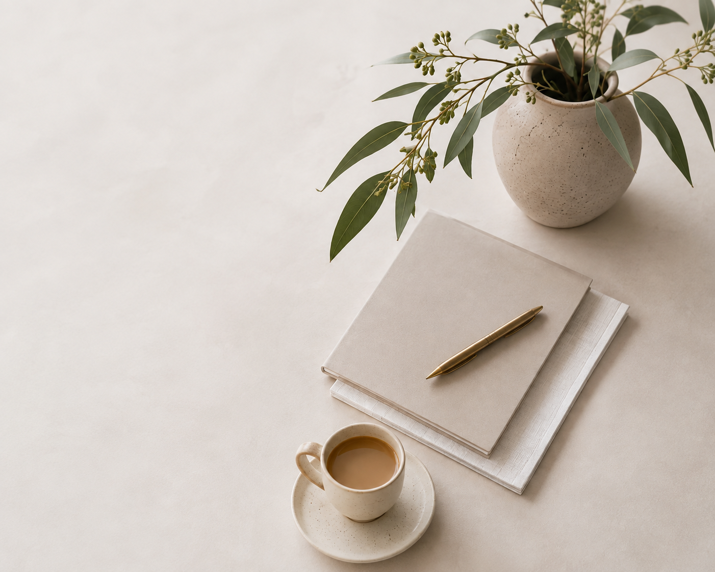 A minimalist workspace with a white notebook, a gold pen, and a cup of coffee on a saucer. A potted plant with green leaves is on the right side of the image on a white surface.