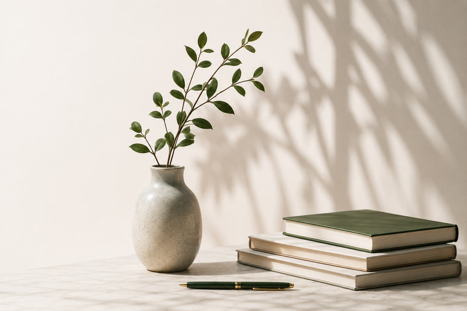 A minimalist scene with a speckled beige ceramic vase holding green leafy branches, three stacked books with green and beige covers, and a green pen on a white marble surface, with shadows cast on a white wall.