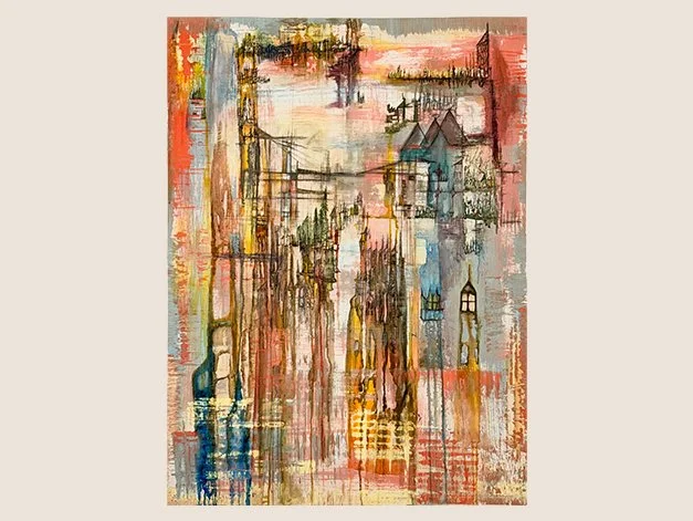 Luke O' Neil British Contemporary Artist | Abstract cityscape painting with colourful brushstrokes and architectural forms, featuring shades of red, blue, yellow, and green.