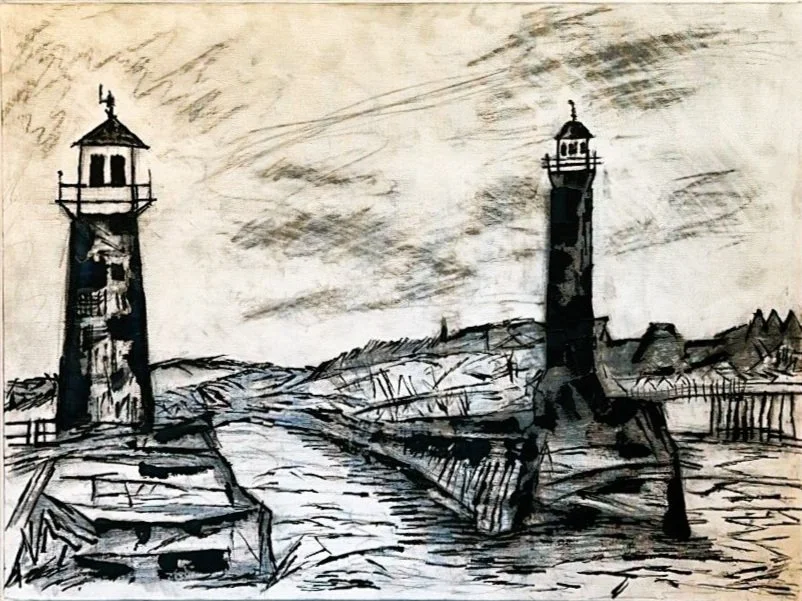 Black and white sketch of two lighthouses on a coastline with choppy waters and cloudy sky.