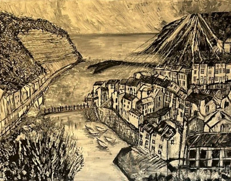 Luke O' Neil British Contemporary Artist | Monochrome painting of Staithes - a coastal village with cliffs, houses, and boats.
