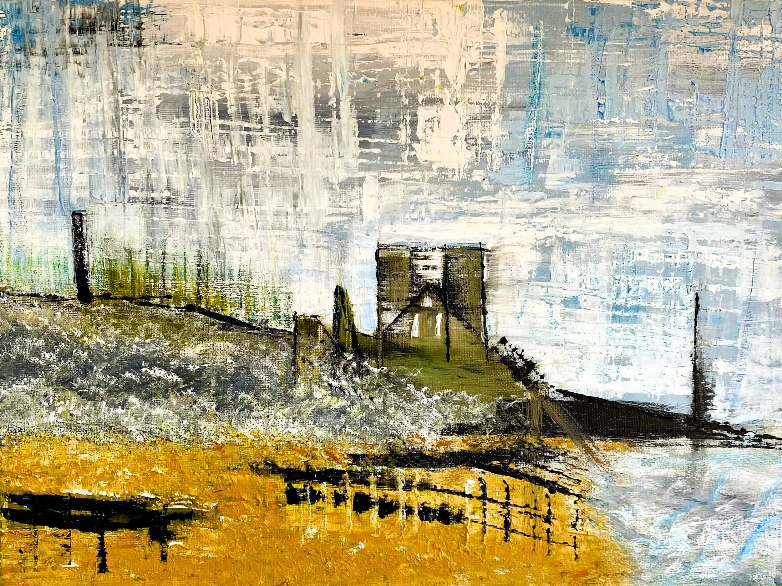Abstract painting with textured layers of blue, gray, and yellow colors. Features include lines resembling a structure and horizon, with a mix of vertical and horizontal elements creating a dynamic, urban landscape feel.