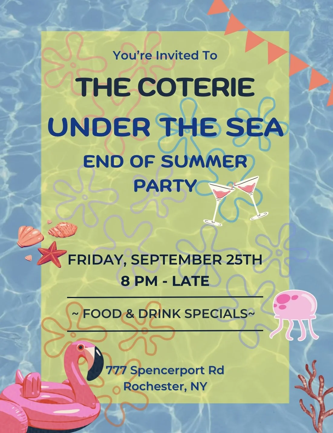Invitation to an end of summer pool party with a blue water background, featuring colorful animated sea creatures, drinks in martini glasses, and festive elements like bunting.