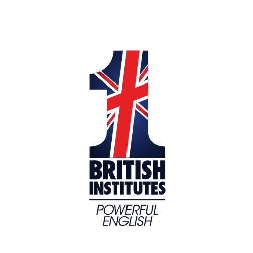 British Institutes logo with number one and slogan "Powerful English" in blue and red.