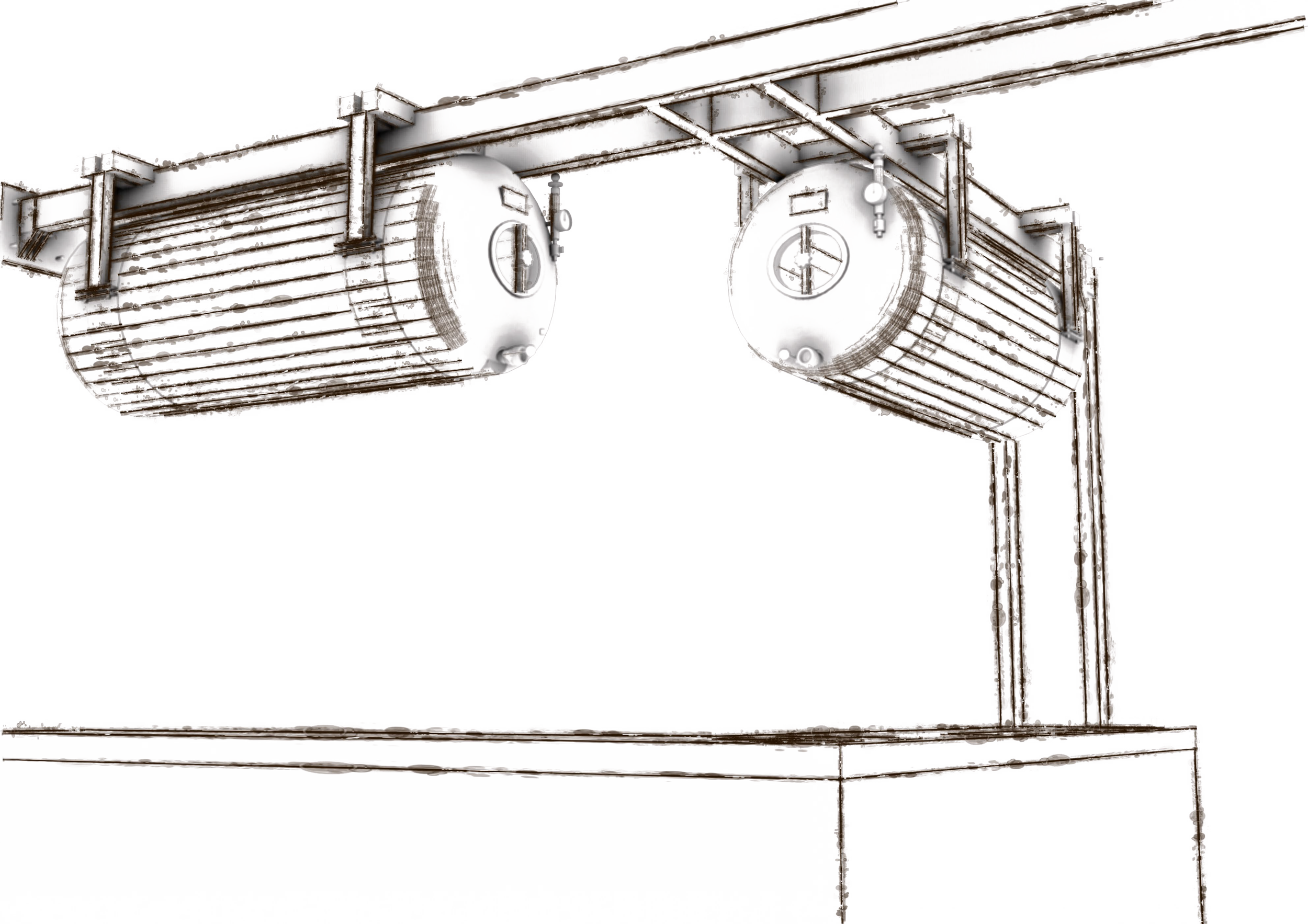 Technische Zeichnung eines Rohrleitungssystems mit zwei zylindrischen Bauteilen, verbunden durch Rohre, und vertikalem Abschnitt. Geeignet für industrielle Anwendungen.
