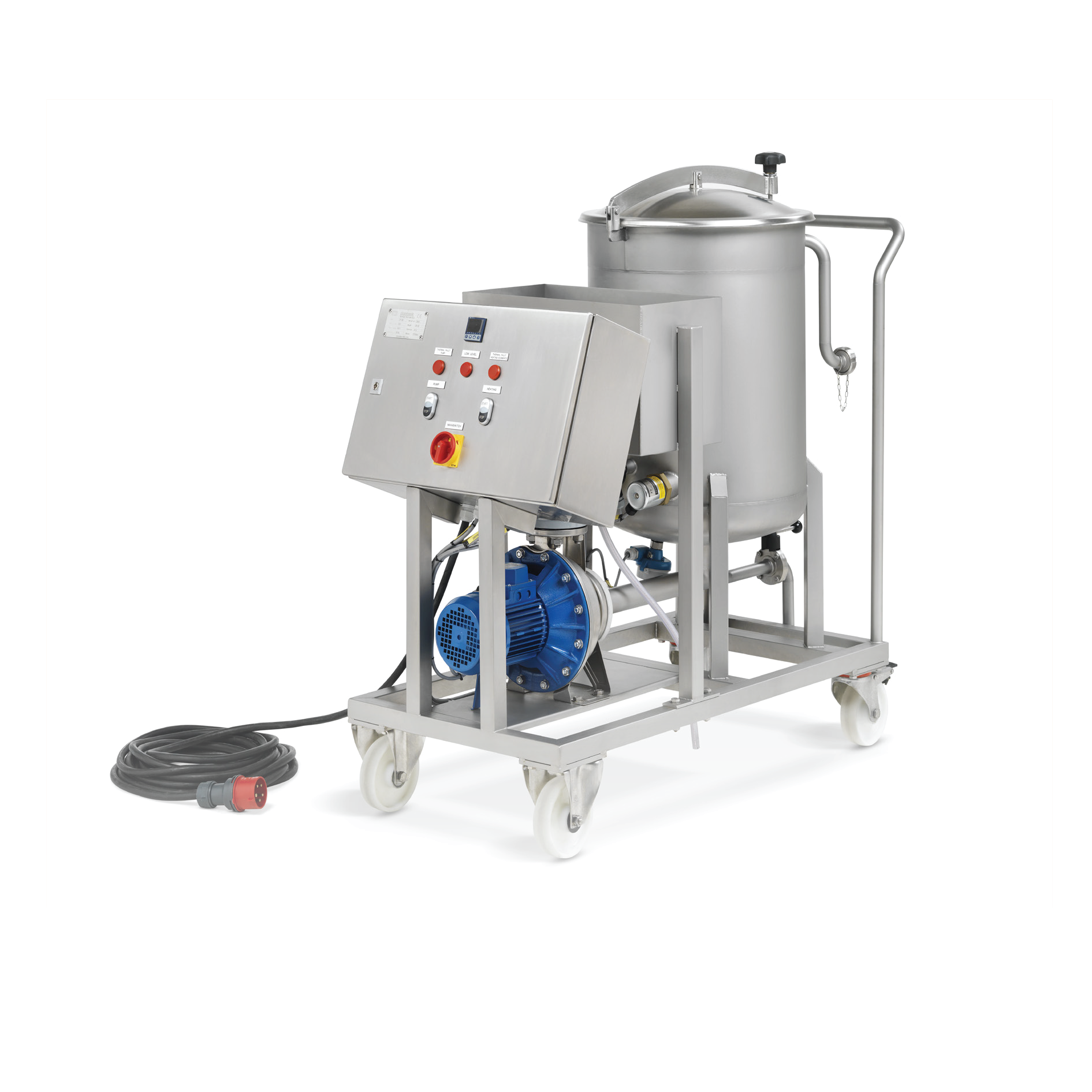 Industrielle Filtrationsmaschine aus Edelstahl mit Steuerpanel, Rollen und Kabel auf weißem Hintergrund.