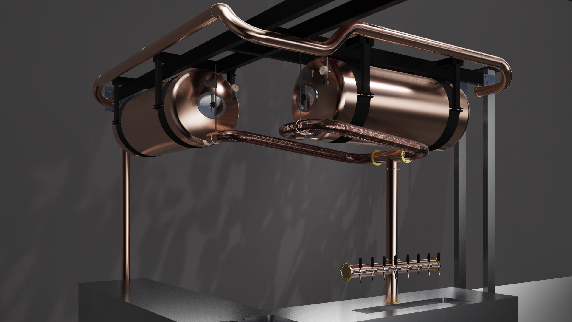 Kupferrohre und -tank in industrieller Installation