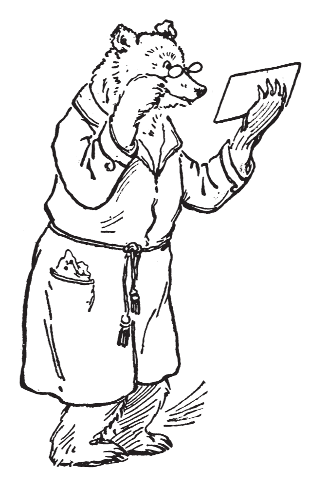 Line drawing of a bear wearing glasses and a robe, reading a piece of paper.