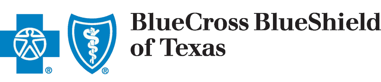 BlueCross BlueShield of Texas logo with a shield emblem and a caduceus symbol, over a multicolored background.
