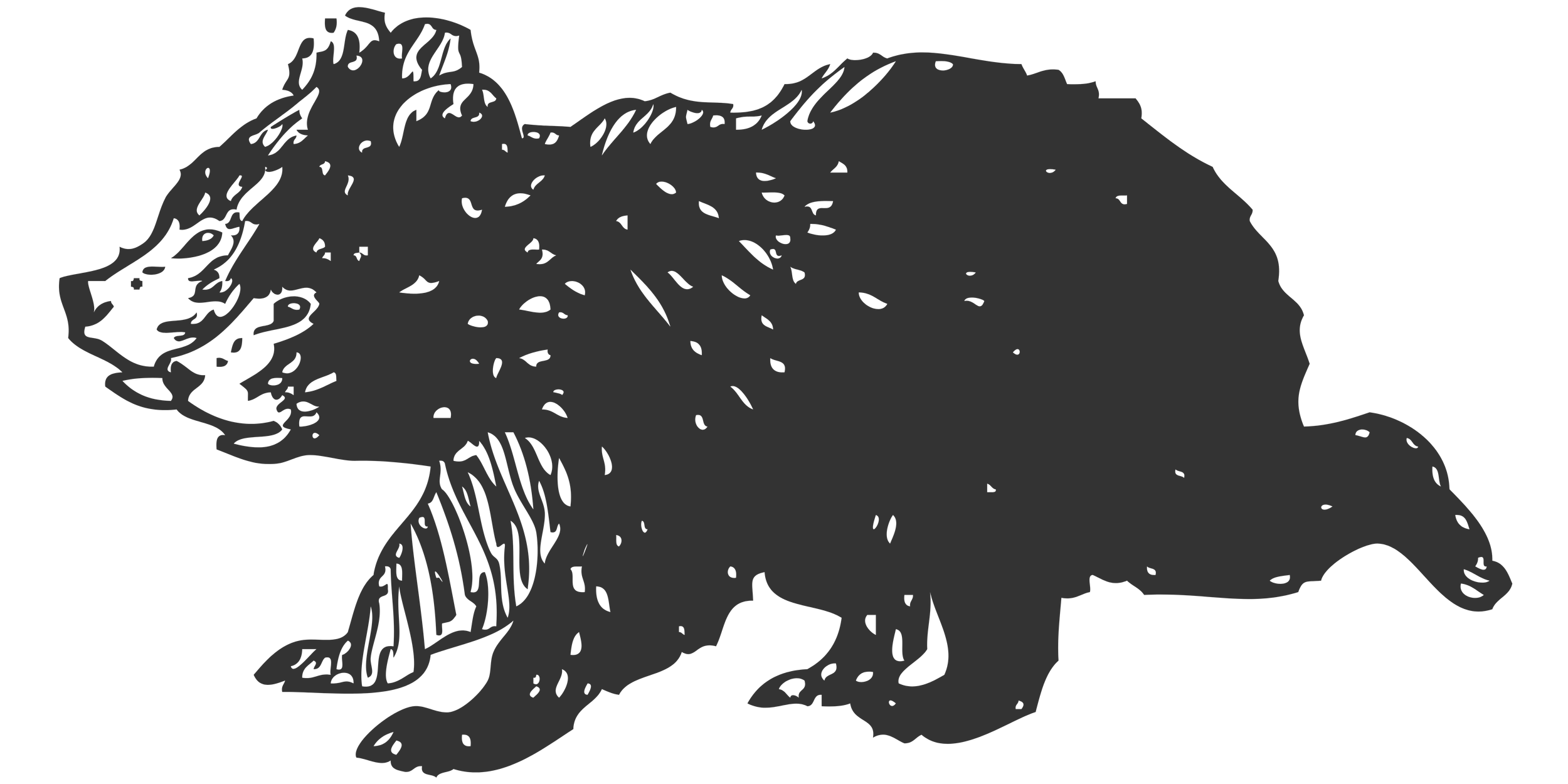 Silhouette of 2 bears walking towards the right, with detailed features like ears, nose, and paws, on a black background.