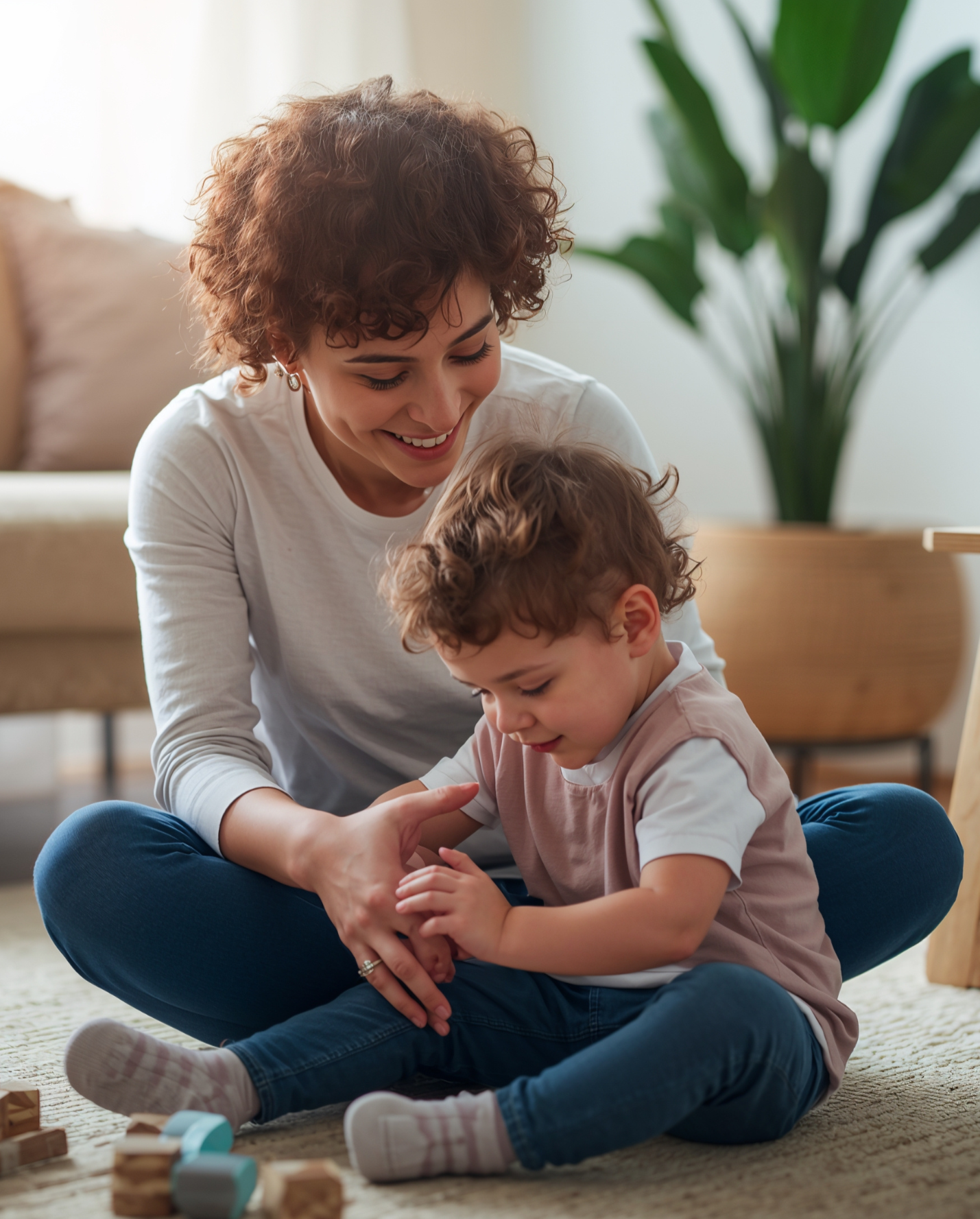A smiling woman and a young boy sitting on the floor playing with toys.