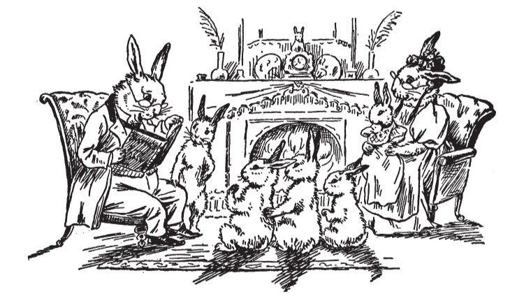 Anthropomorphic rabbit family  sitting by a fireplace surrounded by furniture and decorative items.