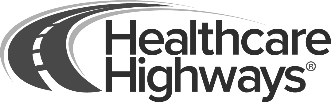 Logo for Healthcare Highways featuring a stylized highway lane graphic and bold black text.