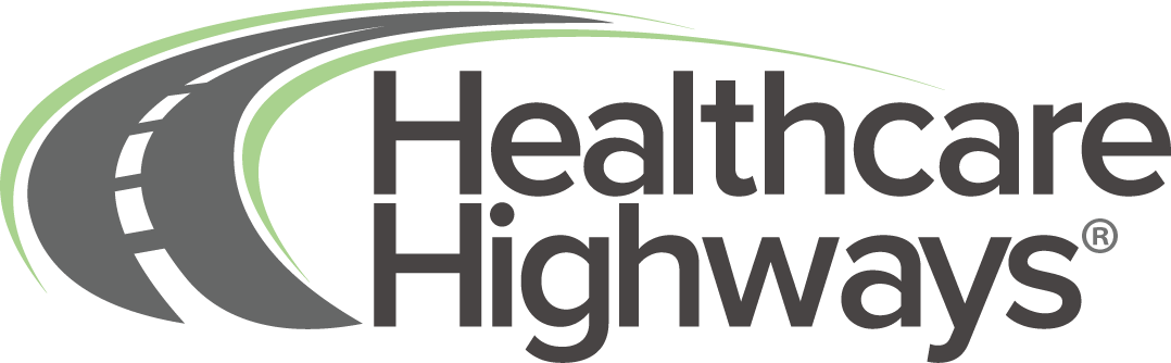 Logo for Healthcare Highways featuring a stylized road design with curved green and gray lines and bold black text.