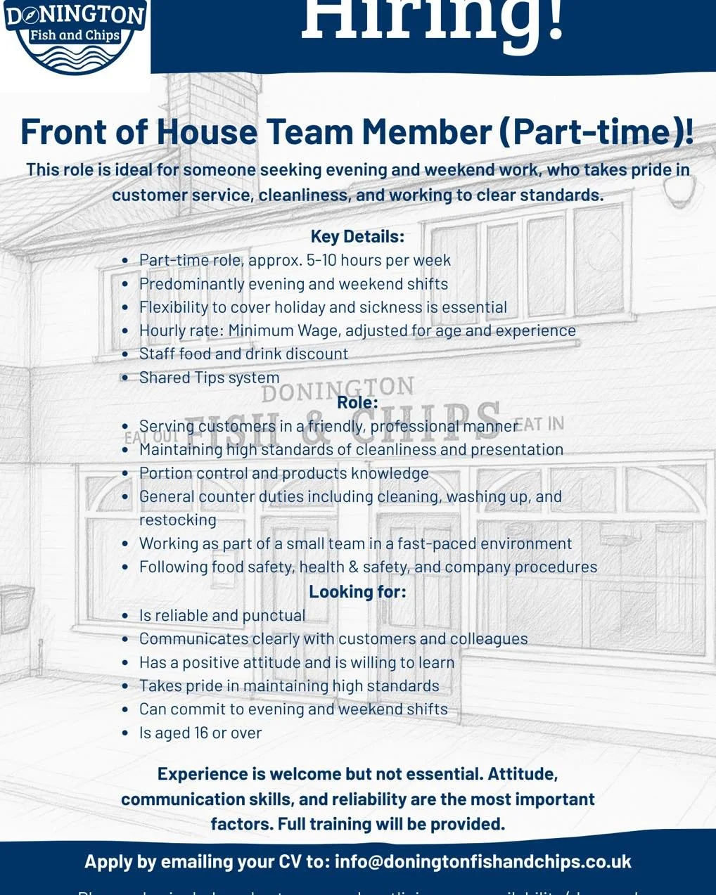 We are Hiring! 😄

Please check out the poster and apply if you feel this could suit you! 💙

#hiring #doningtonfishandchips