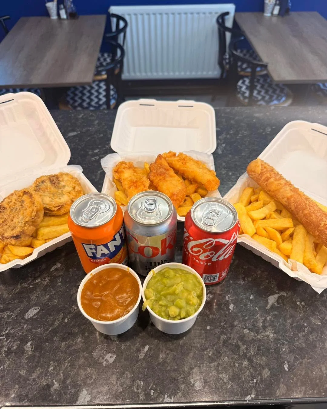 Warm yourself up at lunchtime with a hot fresh meal deal! 🍟♨️

Choose between:
- 3 Fish Bites
- 2 Homemade Fishcakes
- Battered or Plain Sausage
And get a small chips and can of drink too!
For just &pound;5.95 lunchtimes only! 💙

Open on Friday and