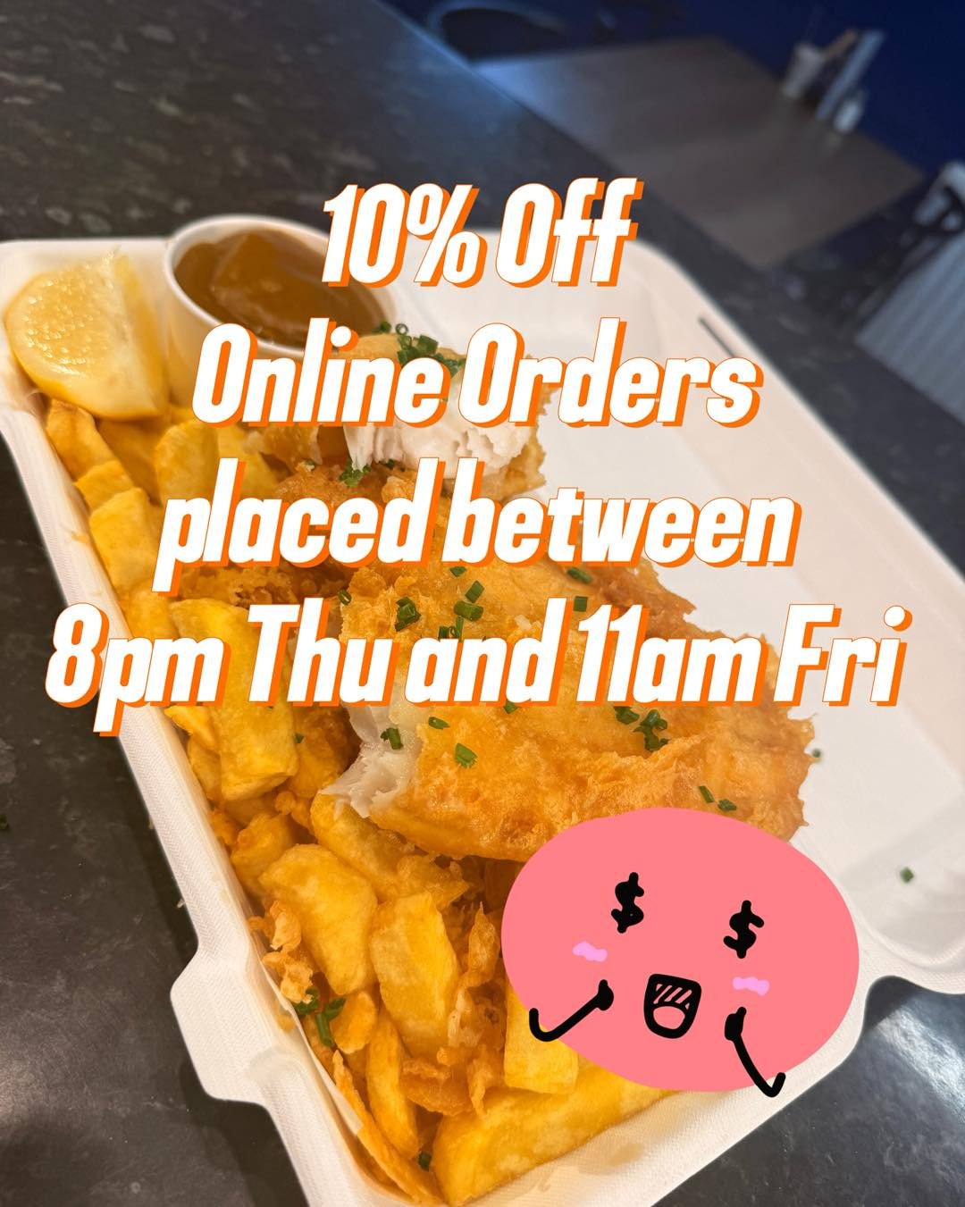 Last Chance for 10% off pre-orders! 😯

Order before 11am this Good Friday for 10% off your whole order, enjoy the start of this Easter bank holiday with some delicious Fish and Chips! 💙

Reminder we are Open all day Eat-in, Takeaway, Online Orders.