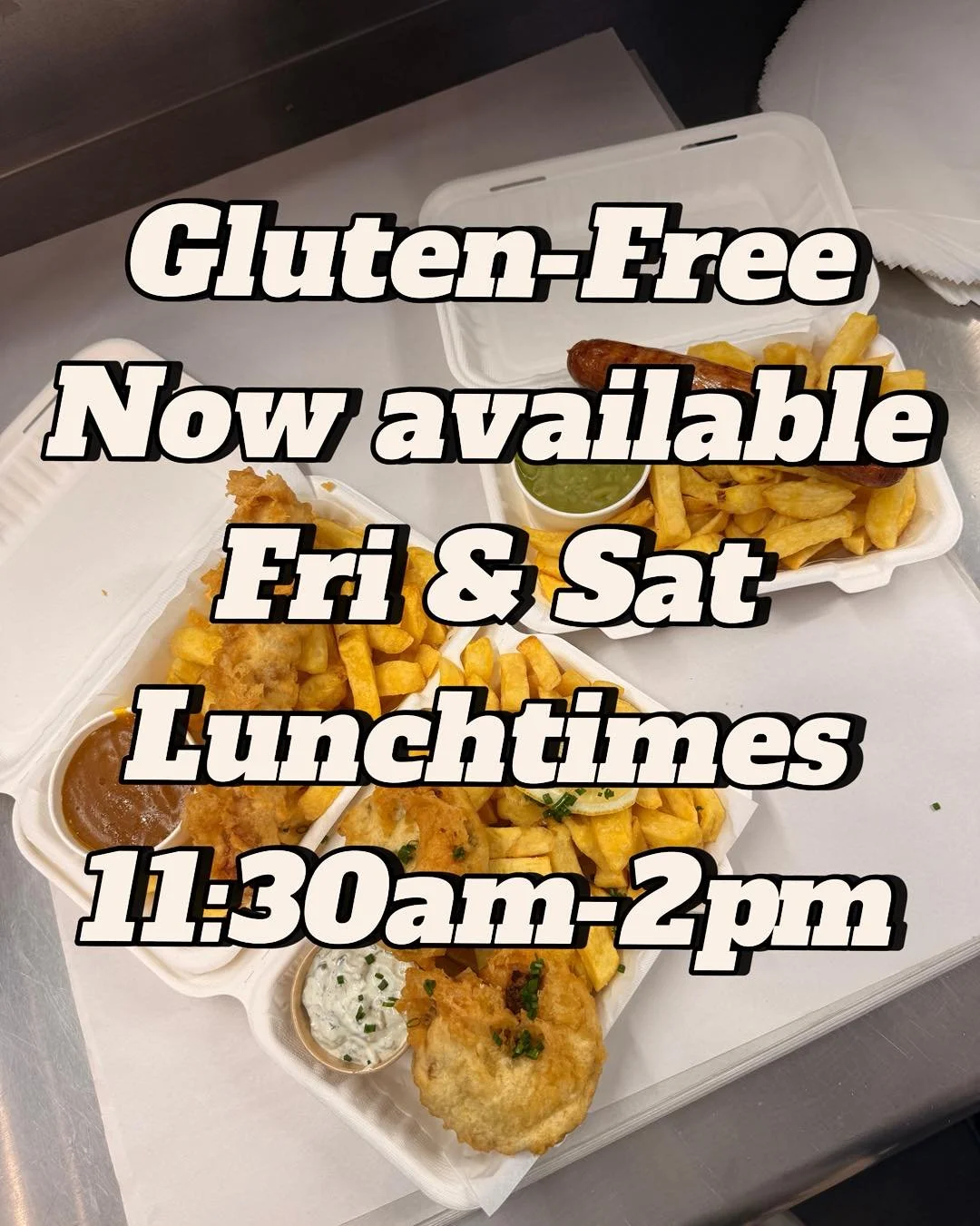 Did you know you can now get Gluten-Free on Friday AND Saturday lunchtimes now! 🌾❌

Also enjoy your Fish Friday lunchtimes with our Lunchtime deal made Gluten-Free! 🐟🍟
Get 3 Fish Bites, Fishcake, or Large Sausage with a Small Chips and Can of Drin