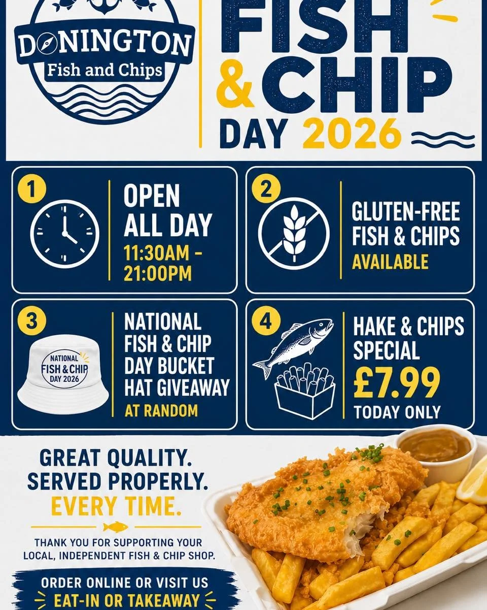 🐟 NATIONAL FISH &amp; CHIP DAY 2026 🐟

Join us at Donington Fish and Chips as we celebrate one of the nation's favourite traditions.

📍 4 Market Place, Donington, PE11 4ST

Details for Today:

✓ Open all day from 11:30am&ndash;9:00pm
✓ Gluten-free