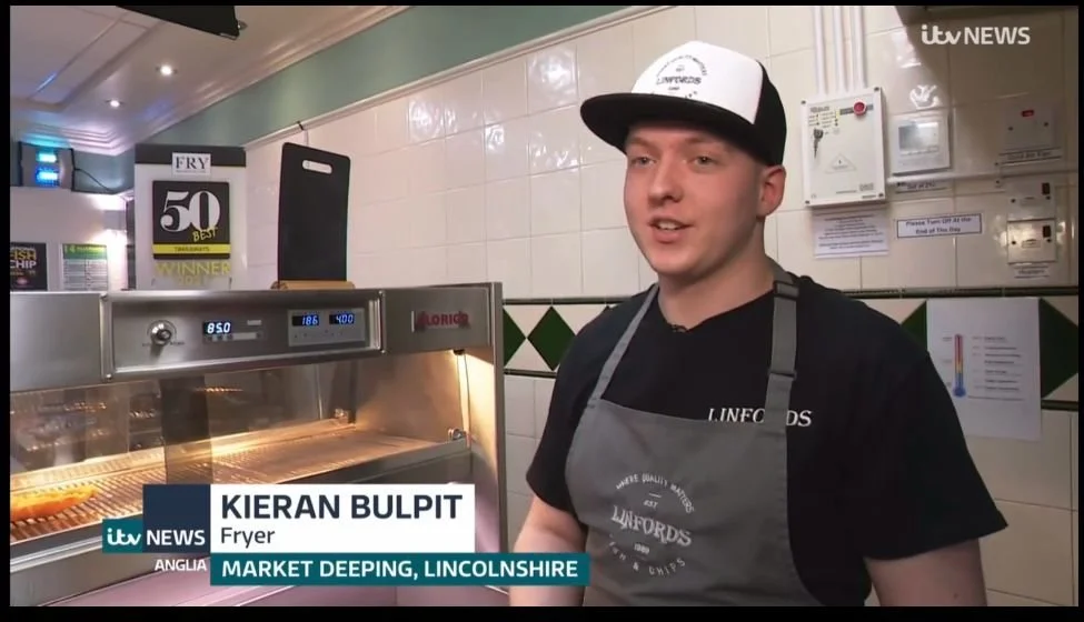 Kieran Bulpit appearing on ITVNews Anglia in Linfords Traditional Fish & Chips