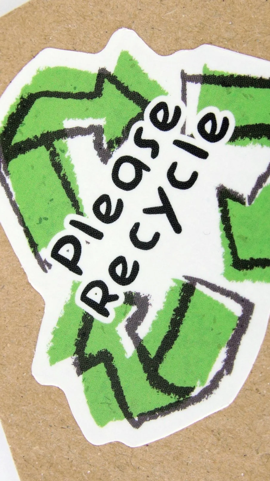 A sticker on a box that reads 'Please Recycle' with green arrows recycling logo.