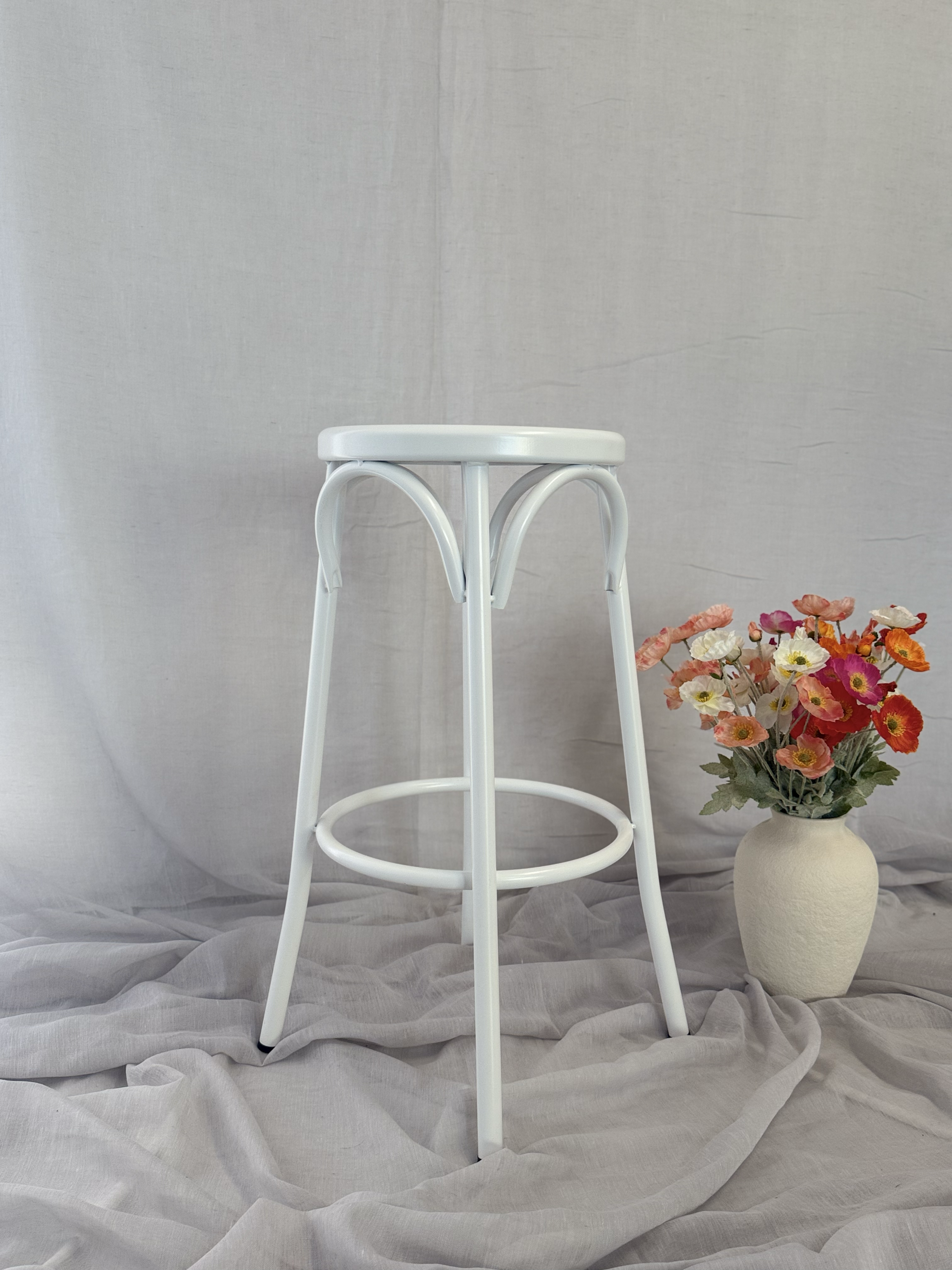 White Bentwood Stool
Colour: White 
Hire Price: $15.00 each
Material: Powder Coated Steel
Qty: 24 Available