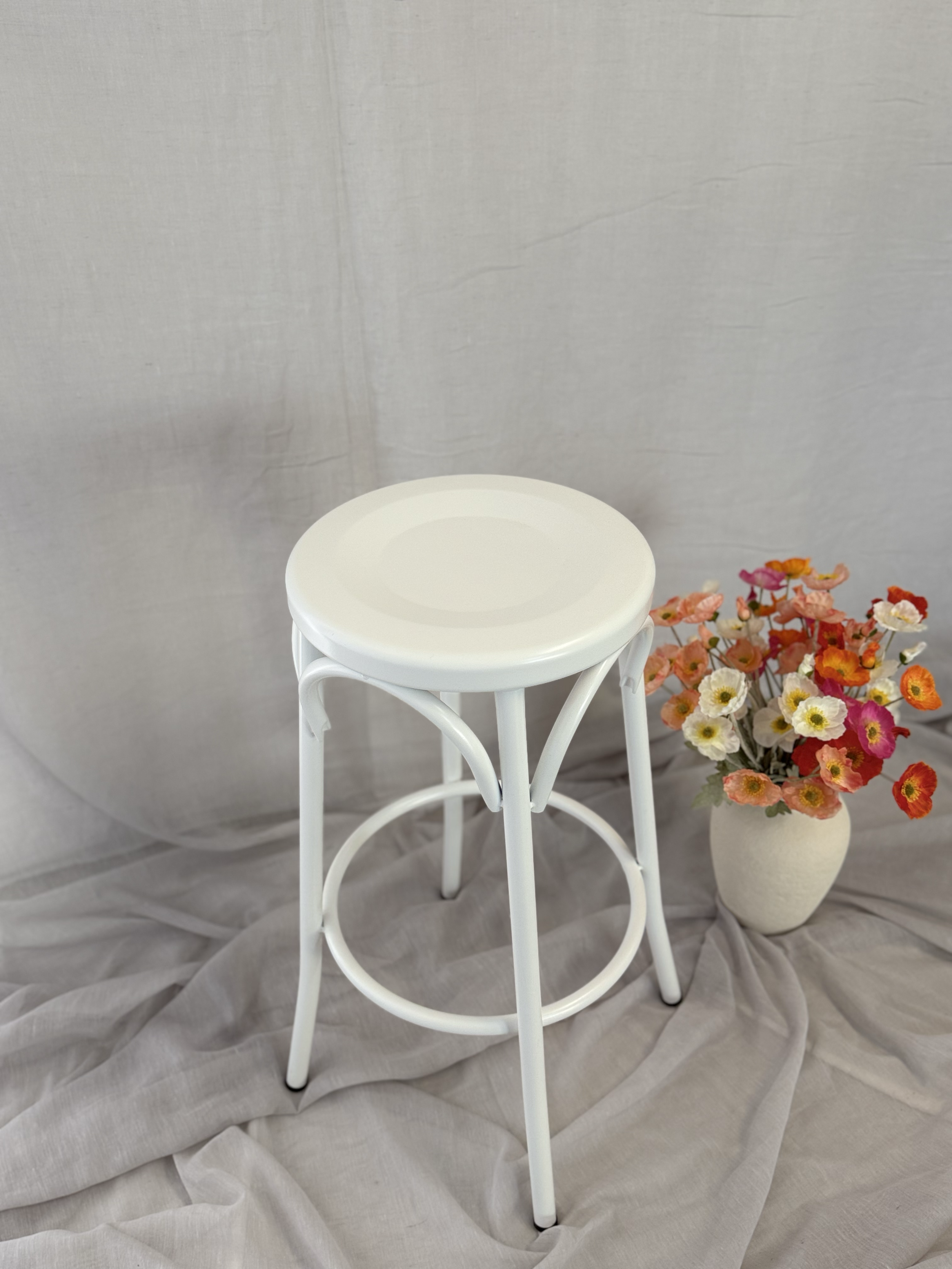 White Bentwood Stool
Colour: White 
Hire Price: $15.00 each
Material: Powder Coated Steel
Qty: 24 Available
