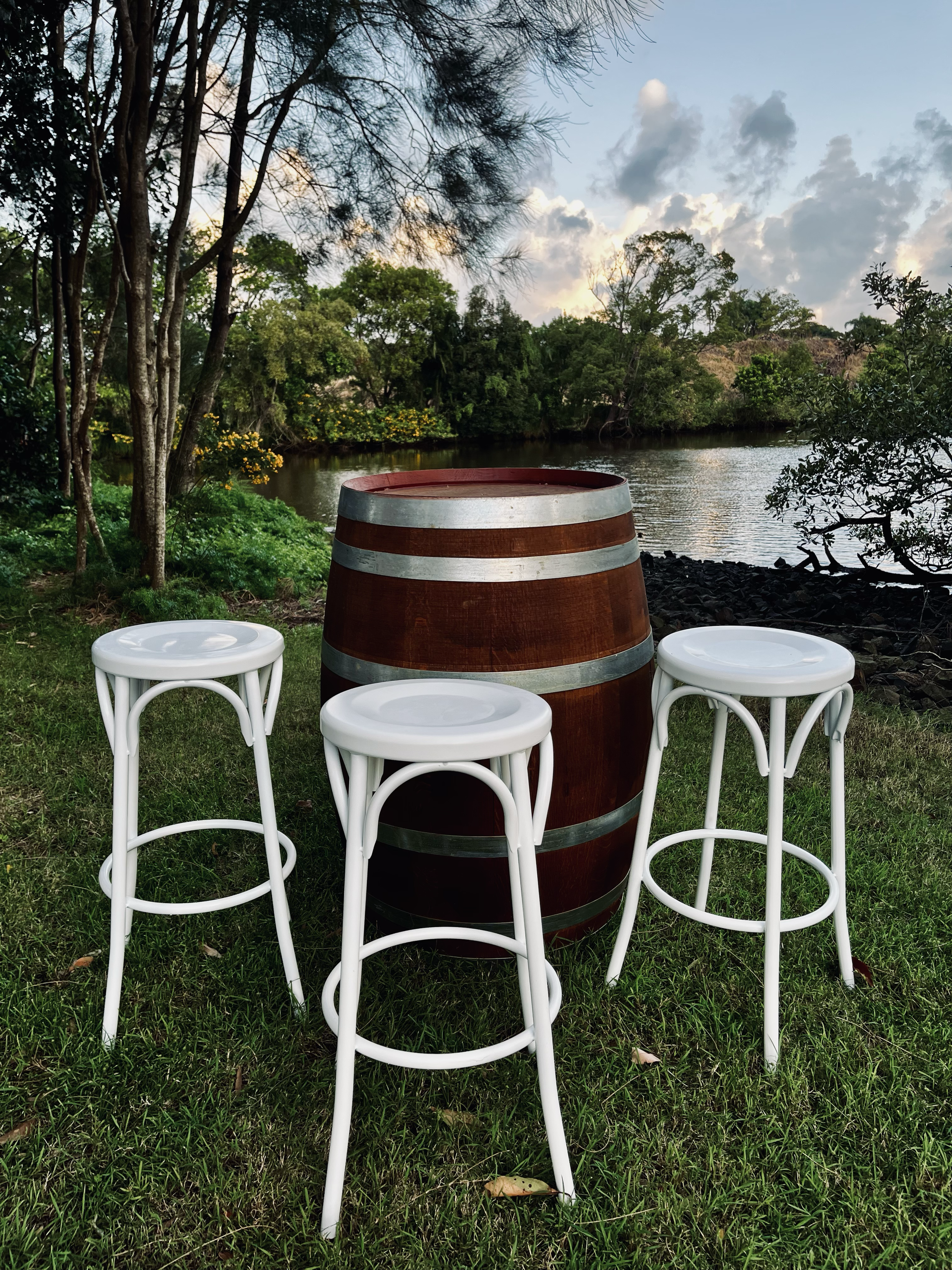 Wine Barrel Bar Table 
Colour: Timber Stained 
Hire Price: $65.00 each
Material: Timber
Qty: 6 Available