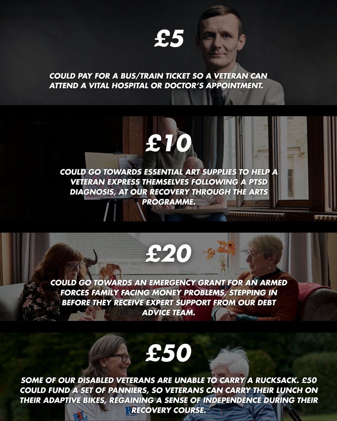Every purchase and donation helps the Royal British Legion provide practical support to the Armed Forces community.

From helping a veteran get to a vital medical appointment, to supporting recovery programmes, families facing financial difficulty an