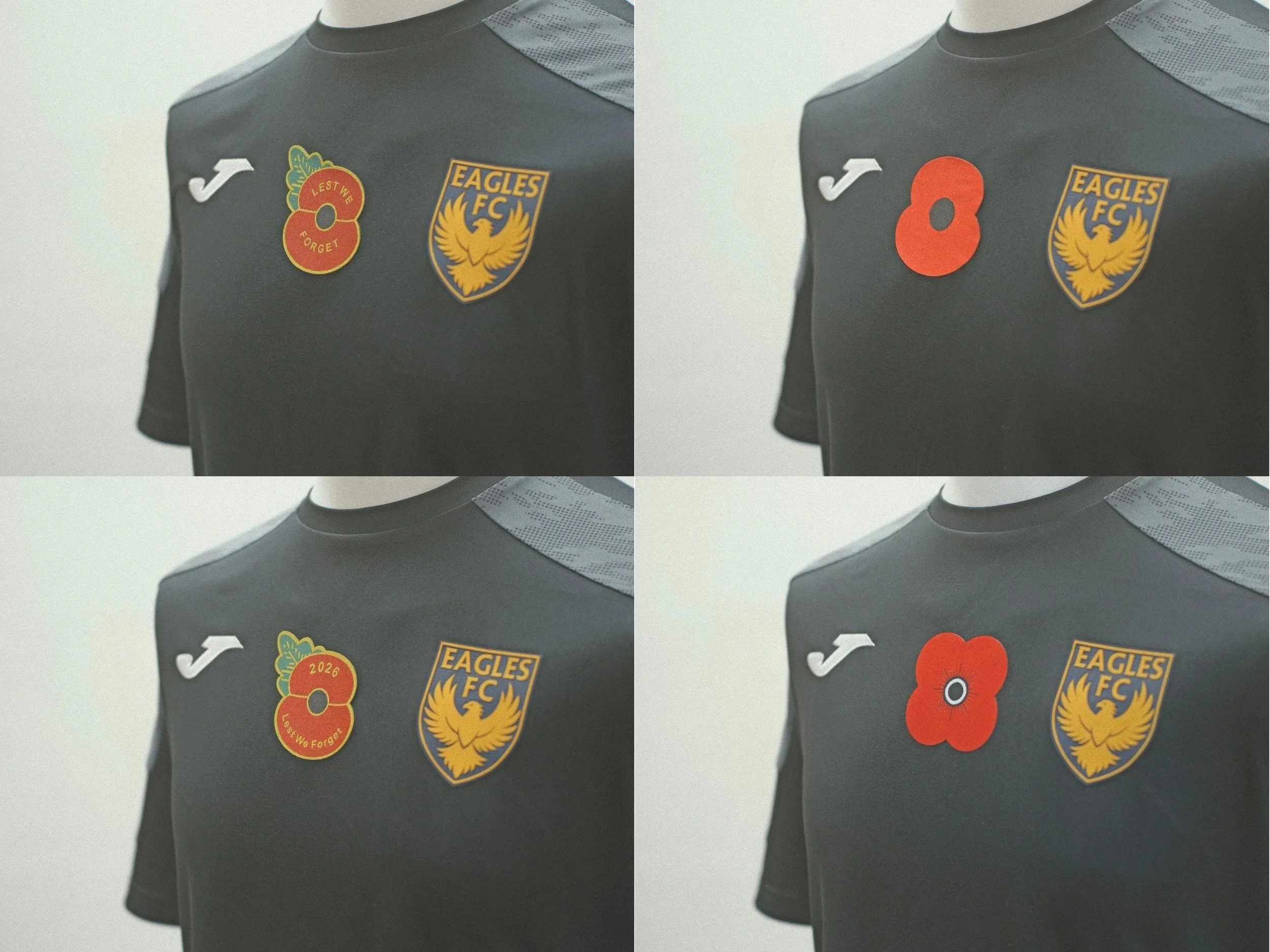 Close-up of a sports jersey with four badges: a white checkmark, a red poppy with text 'Lest We Forget' and '2026', a yellow and blue 'Eagles FC' crest, and a red poppy with a black center.