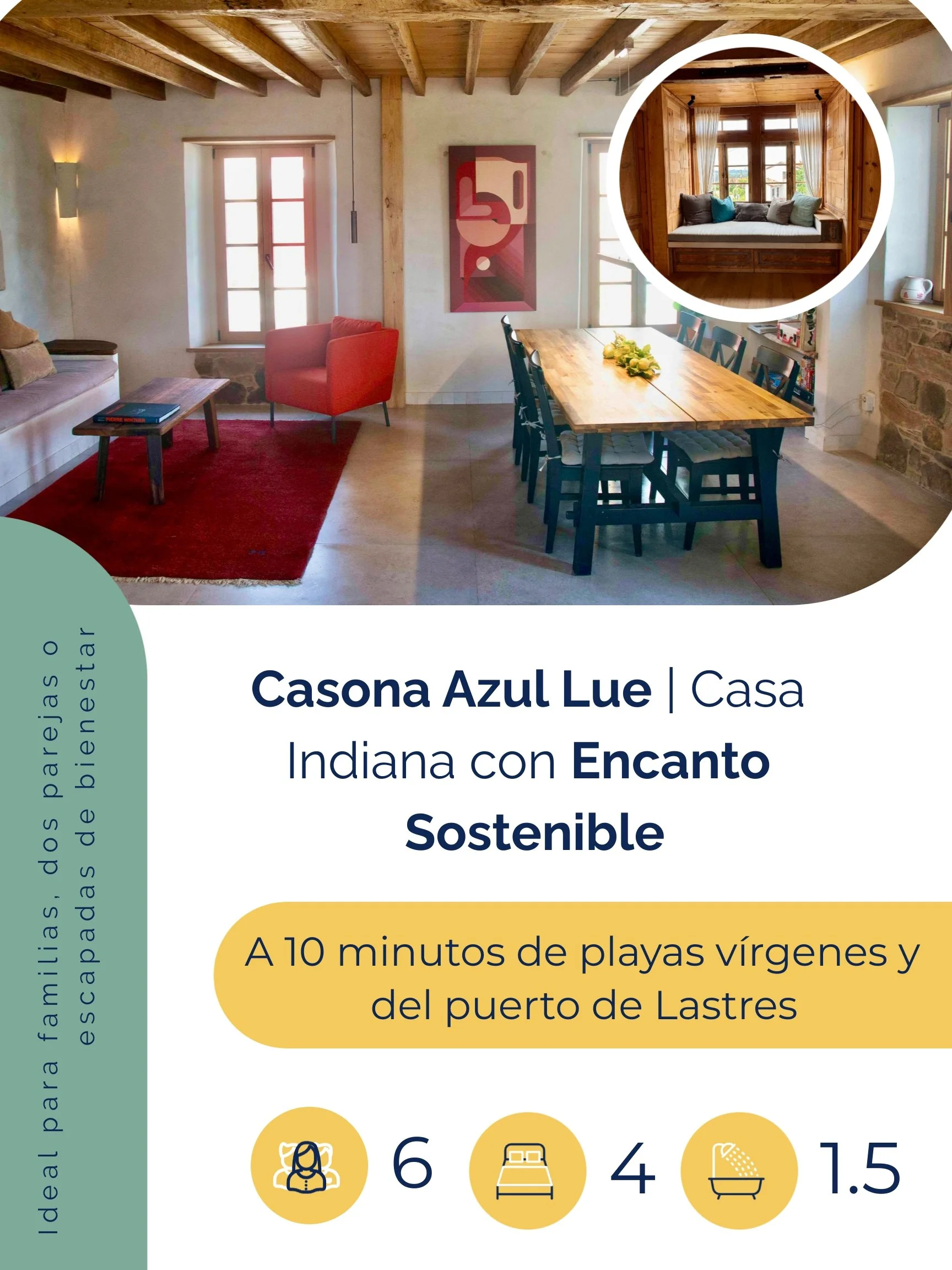 Salón-comedor de Casona Azul en Lue, Asturias - casa indiana sostenible de 3 dormitorios con vigas vistas, chimenea de piedra y capacidad para 6 huéspedes cerca de Lastres