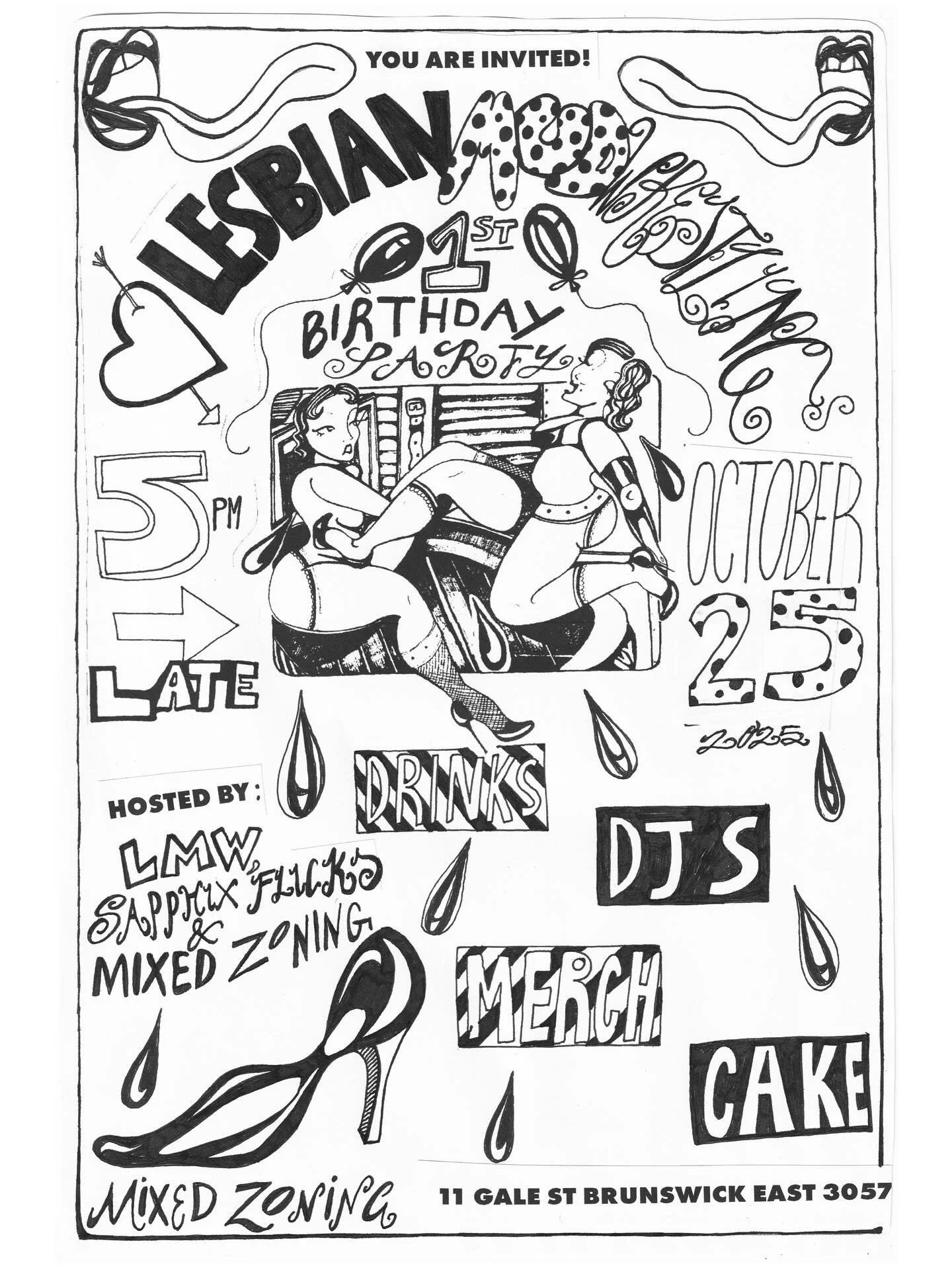 Calling all Lesbians! 💪🫦

It&rsquo;s the biggest, gayest, first birthday party you&rsquo;ve ever seen. With more Lesbians, DJs and Lesbian DJs than a share house full of trans women.

You won&rsquo;t want to miss it.

Featuring: 
Dirty Versachi @di