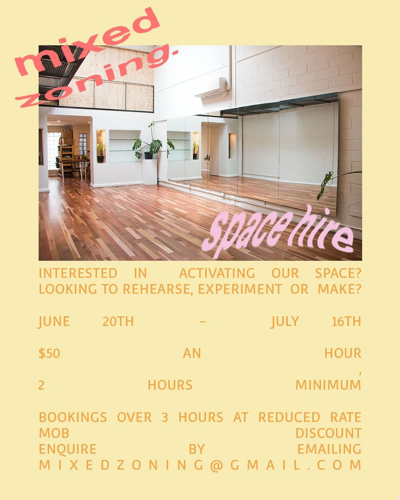 HEY YOU!

Looking for a sexy lil (big) space to rehearse, experiment, make or hold a workshop or class? Mixed Zoning&rsquo;s your oyster!

Studio hire by the hour via link in our bio xx