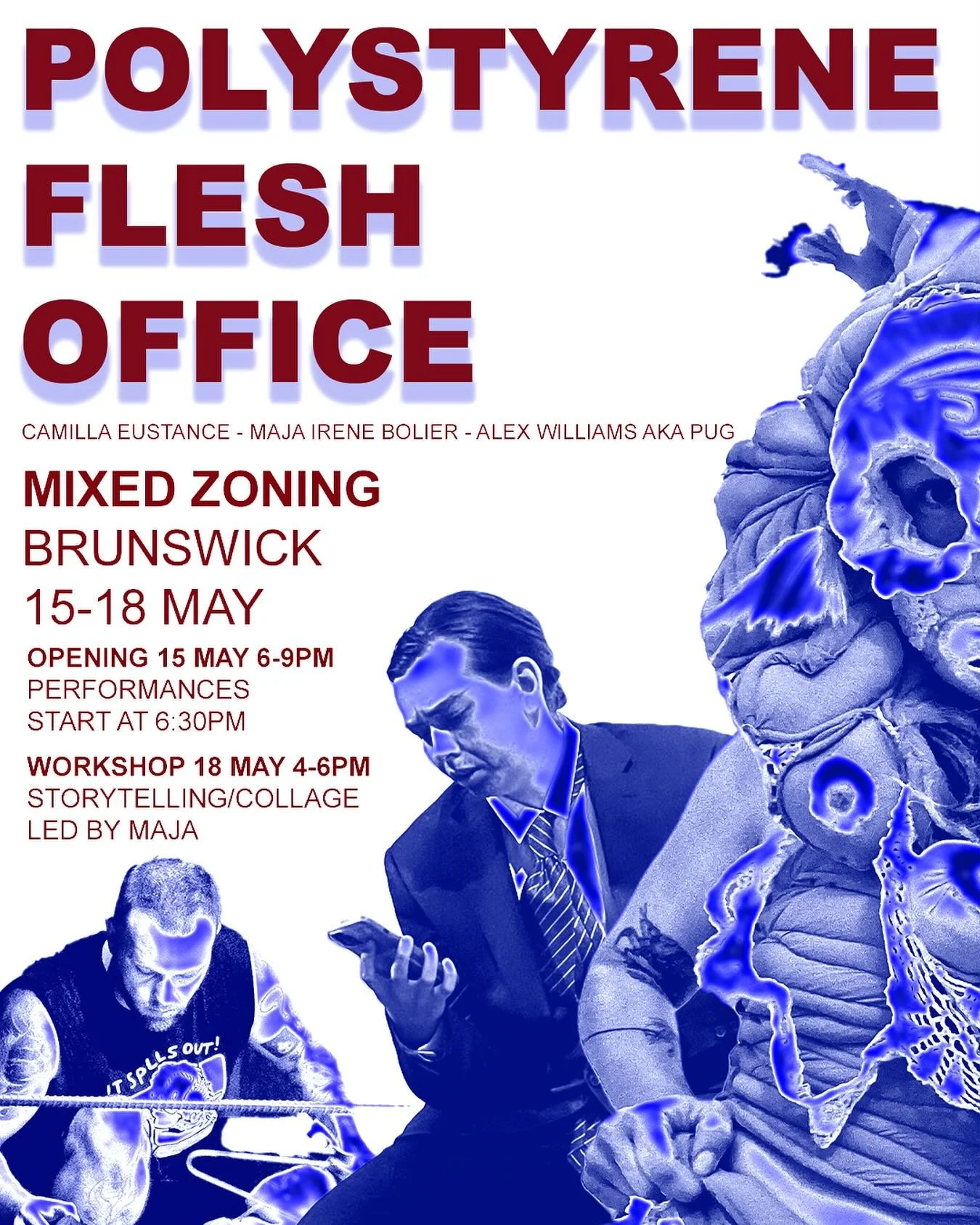 POLYSTYRENE FLESH OFFICE  is collaborative exhibition and multidisciplinary offering from Maja Irene Bolier, Alexander Williams, and Camilla Eustance - three artists who work at the intersections of sculpture, sound, performance, and found materials.