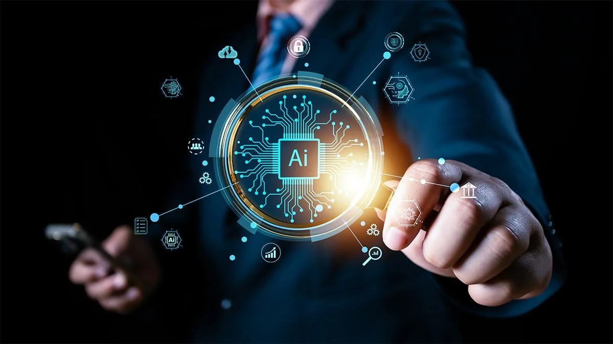 Businessperson interacting with a digital interface displaying artificial intelligence technology, with AI and circuit graphics.