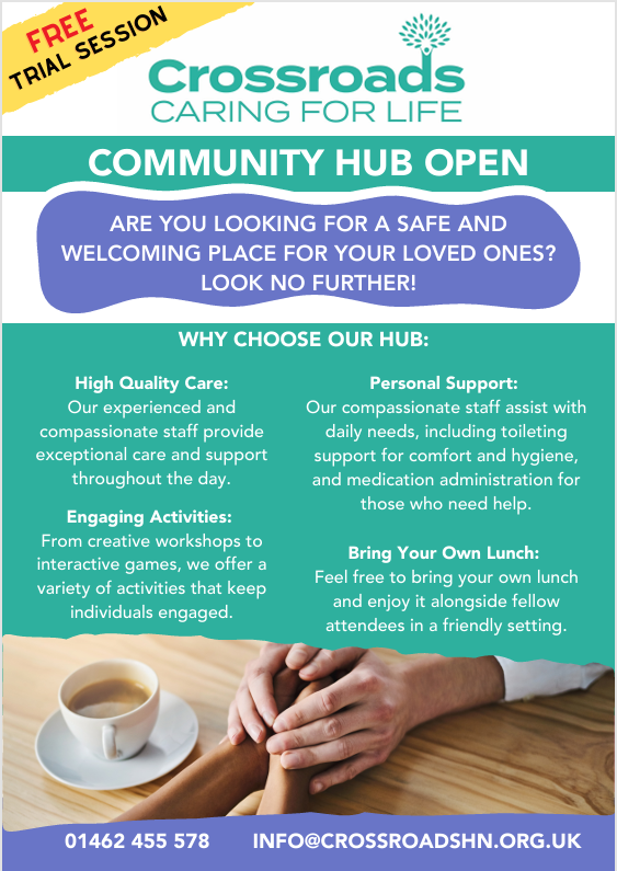 A leaflet with a cup of tea pictured, the Crossroads logo and information under the title 'Community Hub Open'