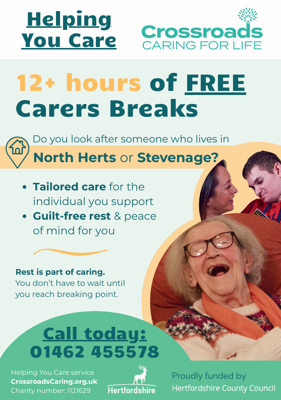 A photo of a leaflet called Helping You Care, with the tagline 12+ hours of FREE Carers Breaks