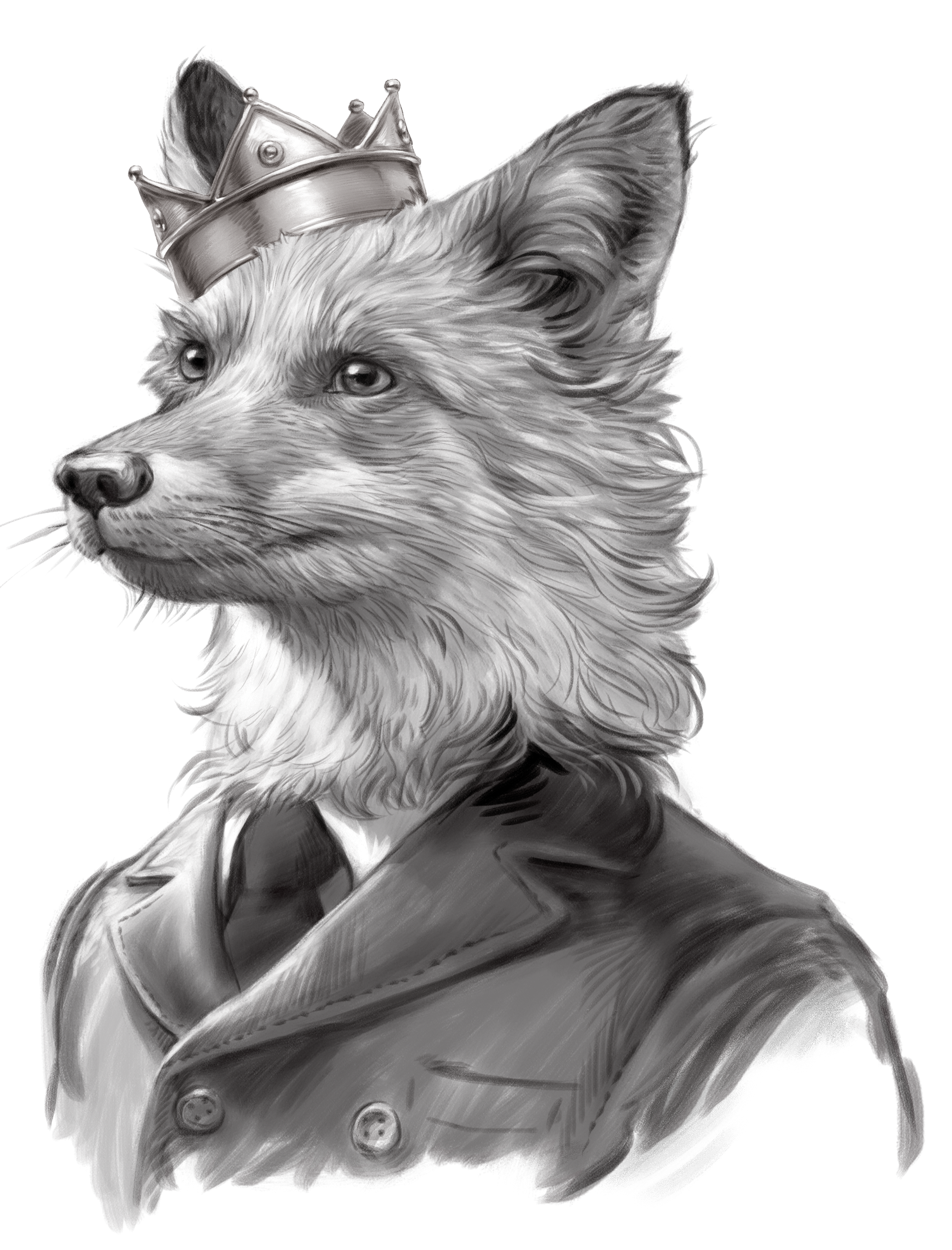 Black and white illustration of Mr Fox: A fox wearing a jacket, tie and crown